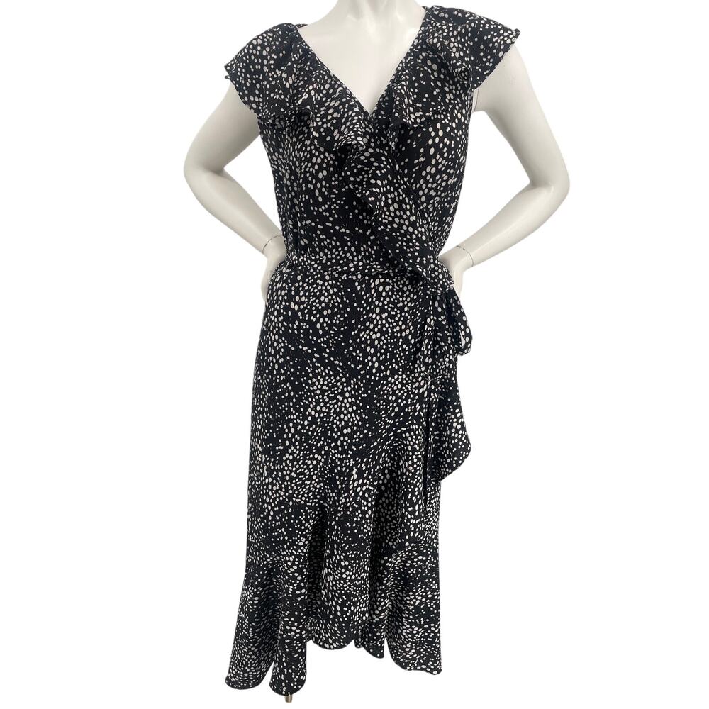 Max Studio Women Black Ruffle Wrap Midi Scatter Polka Dot Flutter SS V Neck  XL